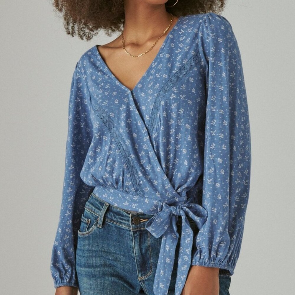Lucky Brand Blue Floral Wrap Blouse